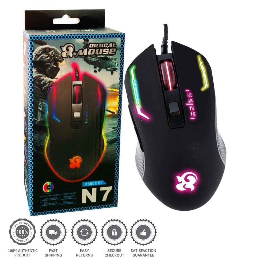 N7 Optical Gaming Mouse, 3600DPI, RGB LED Lights, USB Wired, Ergonomic, High Precision for PC Gamers